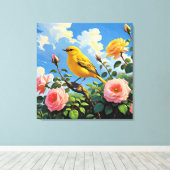 Colorful yellow bird and pretty pink roses キャンバスプリント (インサイチュ (ウッドフロア))
