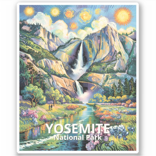 Colorful Yosemite Spring Waterfall Hiking Van Gogh シール (正面)