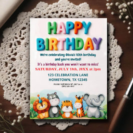 Colorful Zoo Animals Birthday Party Invitation ポストカード