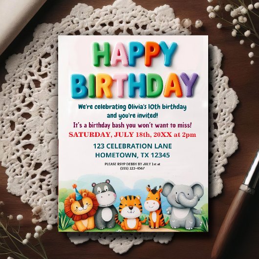 Colorful Zoo Animals Birthday Party Invitation ポストカード