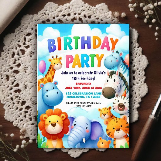 Colorful Zoo Animals Birthday Party Invitation ポストカード