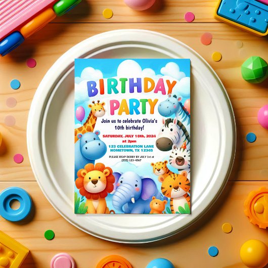 Colorful Zoo Animals Birthday Party Invitation 招待状
