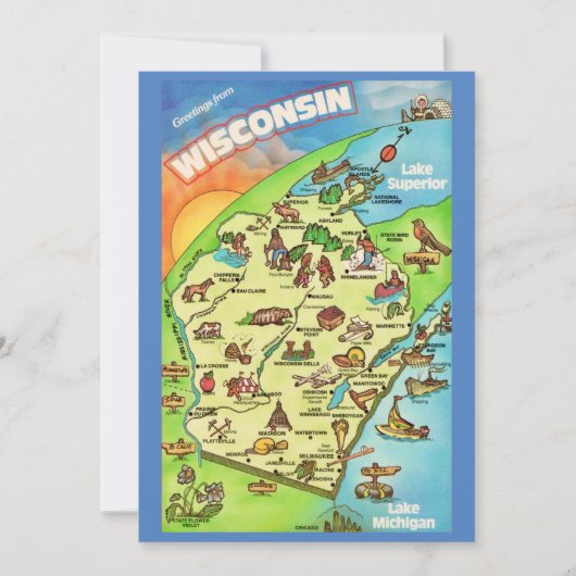 Colorfully Illustrated 5x7 Big Wisconsin Postcard (正面)