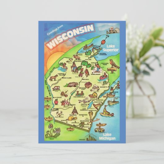 Colorfully Illustrated 5x7 Big Wisconsin Postcard (スタンド正面)