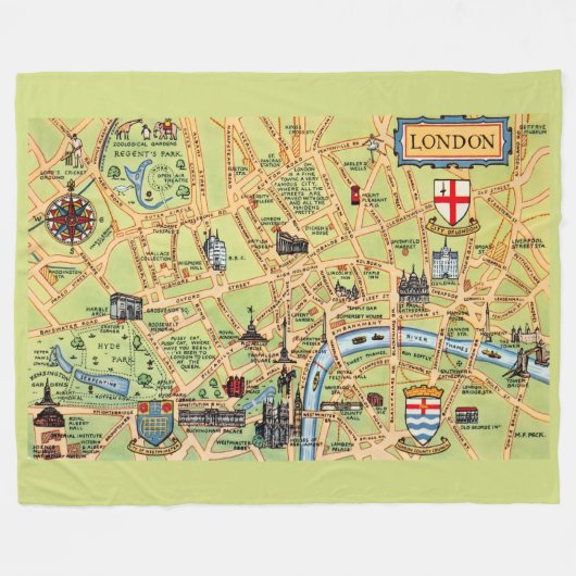 Colorfully Illustrated Map of London  フリースブランケット (正面(横))