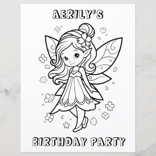 Coloring book fairy birthday party activity page  (正面)