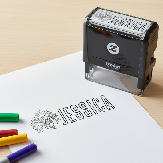 Coloring Book Peacock and Name Stamp セルフインキングスタンプ
