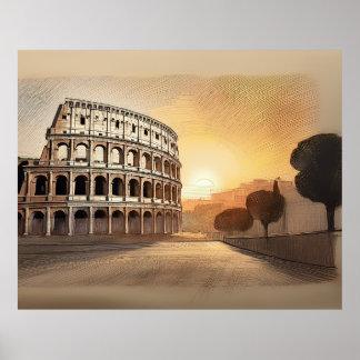 Colosseum structure in rome sketched at sunset ポスター