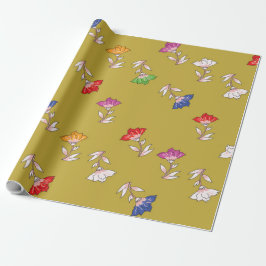 Colourful Floral Pattern on Gold Wrapping Paper ラッピングペーパー