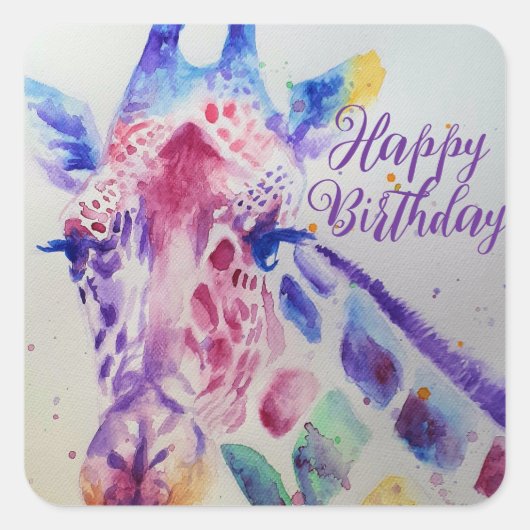 Colourful Giraffe animal Watercolour Art Boys スクエアシール (正面)
