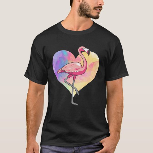 Colourful Heart Pink Flamingo Bird Tシャツ (正面)