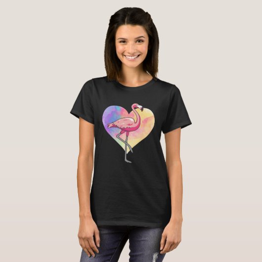 Colourful Heart Pink Flamingo Bird Tシャツ (正面フル)