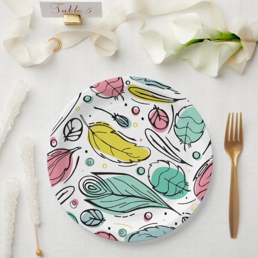 Colourful leaf pattern Pink and blue Birthday ペーパープレート (ウェディング)