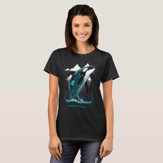 Colourful mystical orca whale watching dolphin pot tシャツ (正面フル)