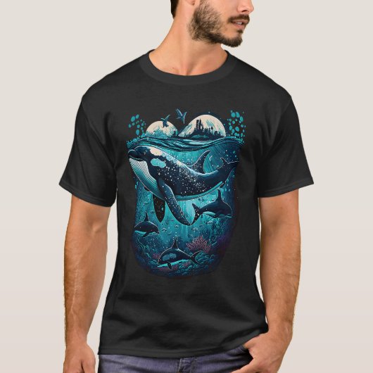 Colourful mystical orca whale watching dolphin pot tシャツ (正面)