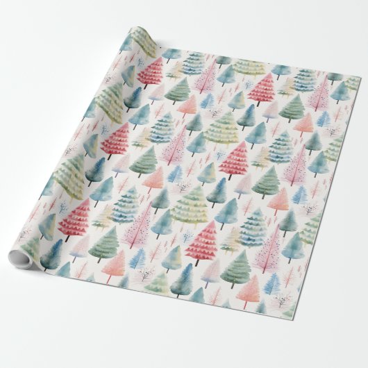 Colourful Pastel Christmas Pine Trees Pattern ラッピングペーパー (アンロールド)