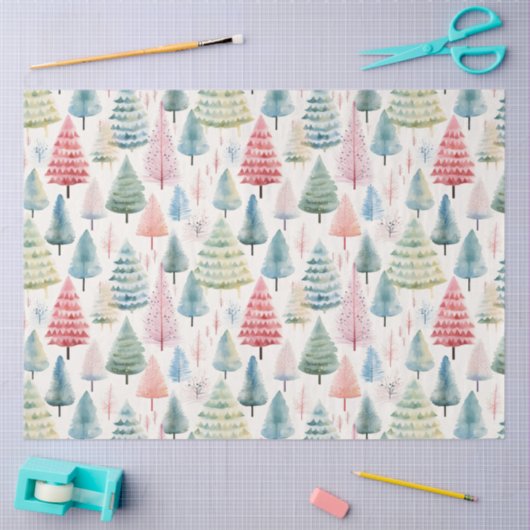 Colourful Pastel Christmas Pine Trees Pattern 薄葉紙 (クラフト)