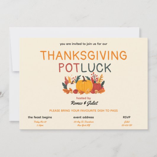Colourful Pumpkin Thanksgiving Potluck Invitation 招待状 (正面)