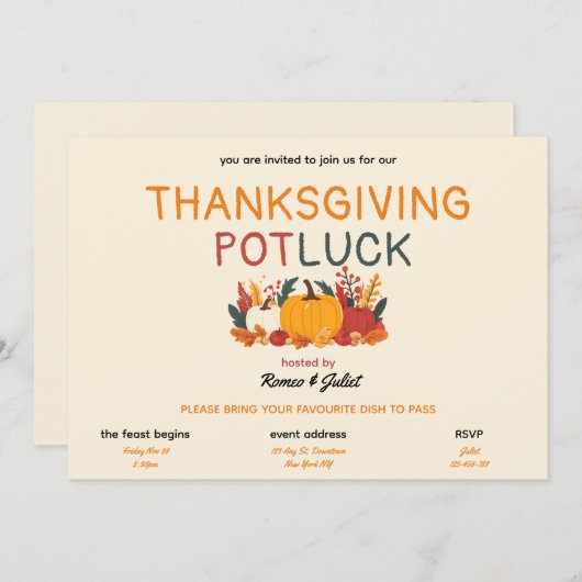 Colourful Pumpkin Thanksgiving Potluck Invitation 招待状 (正面/裏面)