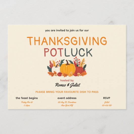 Colourful Pumpkin Thanksgiving Potluck Invitation 招待状 (正面)