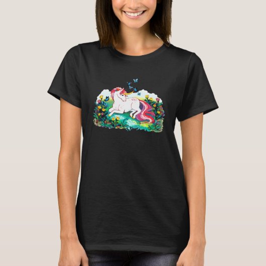 Colourful unicorn lying on a flower filled area tシャツ (正面)