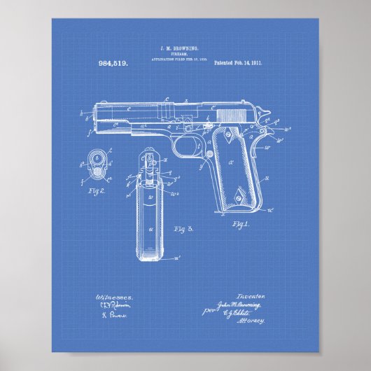 Colt .45 1911 Patent Art - Blueprint ポスター (正面)