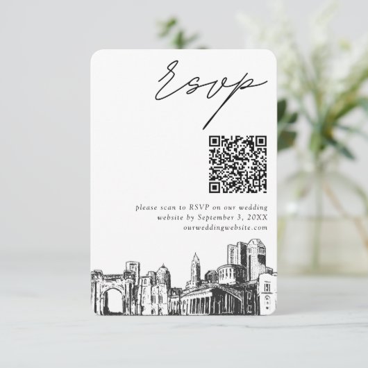 Columbus結婚のRSVPモダン QRコード エンクロージャーカード (スタンド正面)