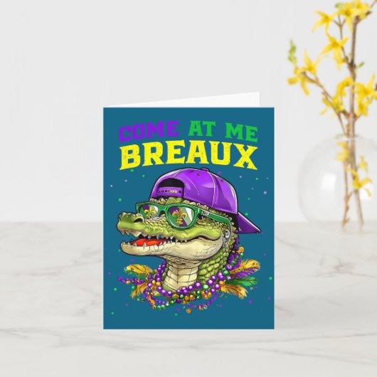 Come At Me Breaux Alligator Funny Mardi Gras Carni カード (黄色い花)