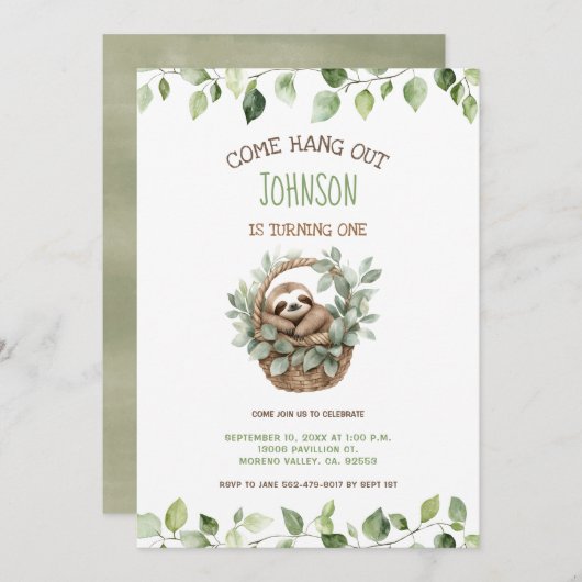 Come Hang Out Sloth Party Birthday 招待状 (正面/裏面)