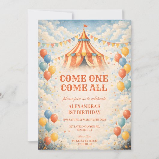 Come One Come All Circus Birthday 招待状 (正面)