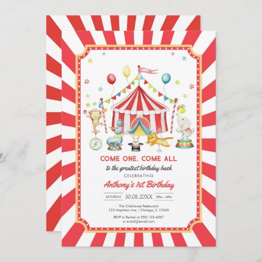Come One Come All Circus Boy Birthday Invitation 招待状 (正面/裏面)
