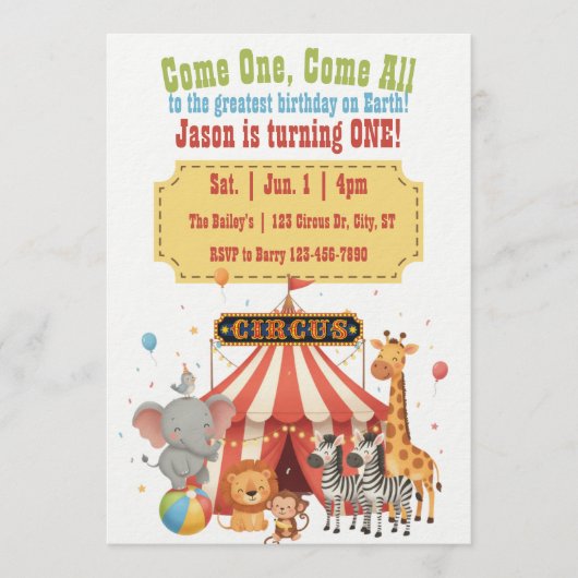 Come One, Come All, Greatest 1st Circus Birthday 招待状 (正面)