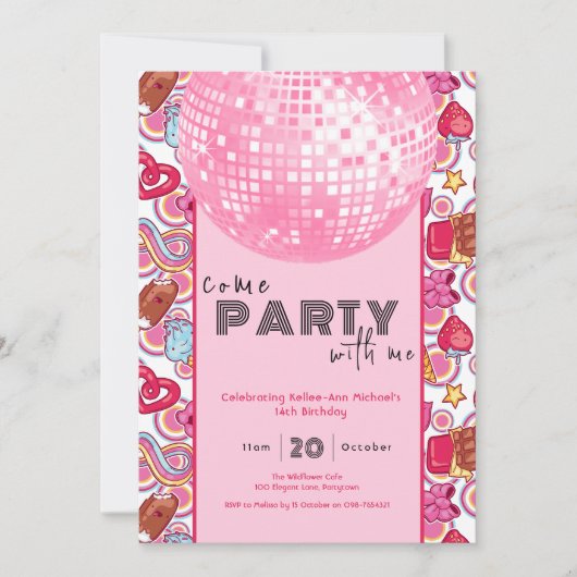 Come Party With Me pink birthday invitation 招待状 (正面)