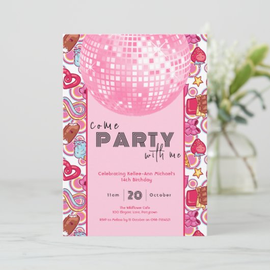 Come Party With Me pink birthday invitation 招待状 (スタンド正面)