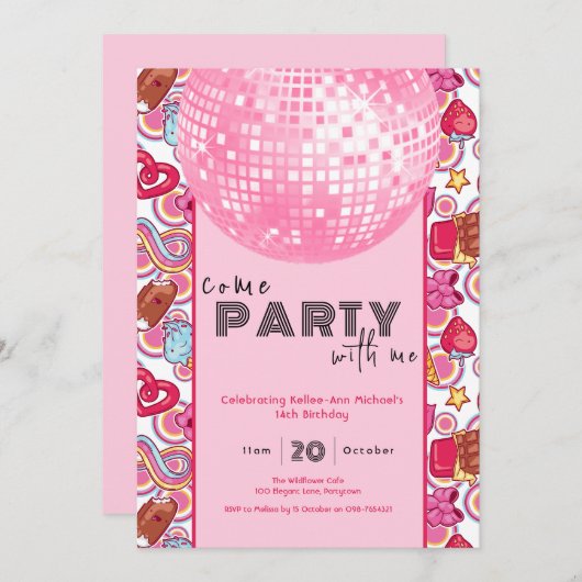 Come Party With Me pink birthday invitation 招待状 (正面/裏面)