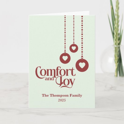 「Comfort and Joy」エレガントな淡いグリーンのクリスマス カード (正面)