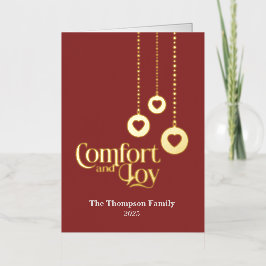 "Comfort and Joy" エレガントな赤い折りたたみカード 箔シーズンカード