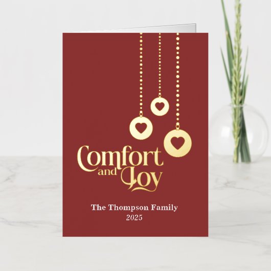 "Comfort and Joy" エレガントな赤い折りたたみカード 箔シーズンカード (正面)