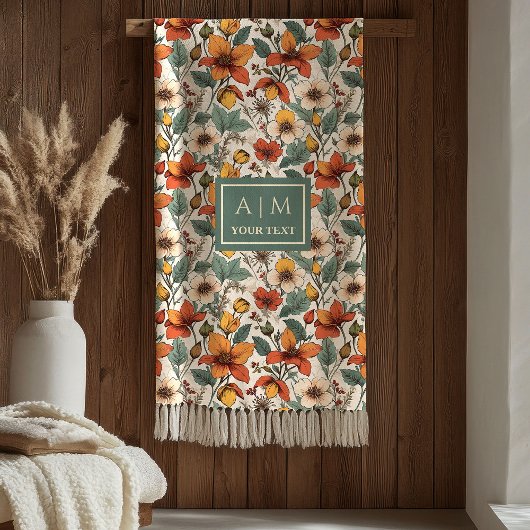 Comfy Olive Green Rust Copper Autumn Flower Art  フリースブランケット