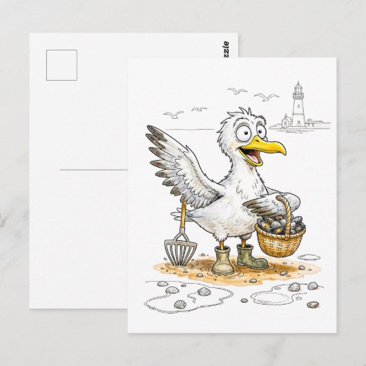 Comic Bird Collecting Shells ポストカード (正面/裏面)
