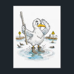Comic Bird Flood Gauge Duty ポストカード<br><div class="desc">A vigilant coastal bird stands in rising water,  measuring flood levels with calm precision. This comic‑style illustration blends maritime atmosphere with quirky humor,  perfect for coastal décor,  environmental themes and whimsical character art.</div>