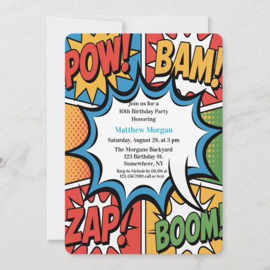 Comic Book Pop Art Boy Birthday Party White 招待状 (正面)