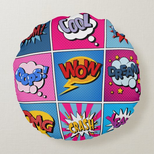 Comic Bubbles Set. Expressions Bom, Cool, Pow, Oop ラウンドクッション (裏面)