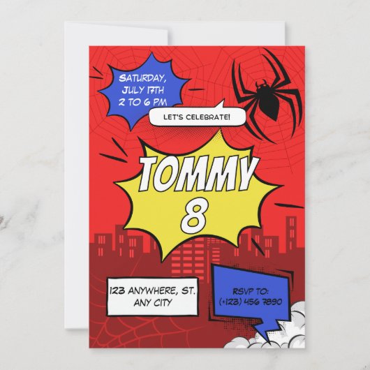 Comic Spider Theme Birthday Party Invitation 招待状 (正面)