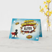 Comic Style Superhero Boy's Name Birthday カード (黄色い花)