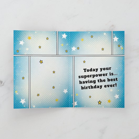 Comic Style Superhero Boy's Name Birthday カード (内部)