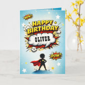 Comic Style Superhero Boy's Name Birthday カード (黄色い花)