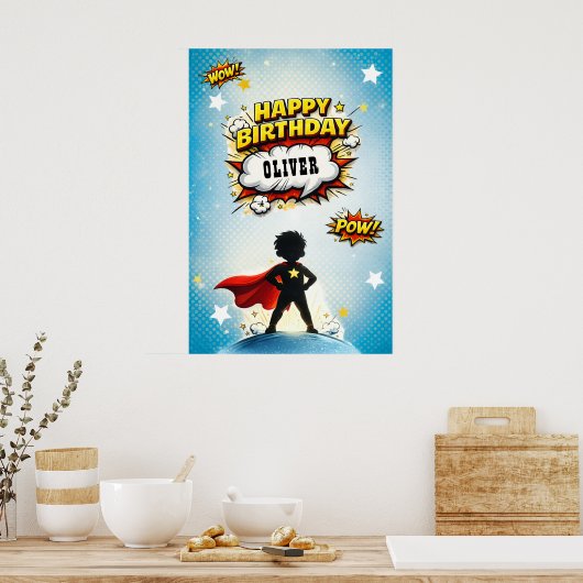 Comic Style Superhero Boy's Name Birthday ポスター (キッチン)