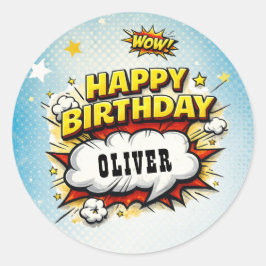 Comic Style Superhero Boy's Name Birthday  ラウンドシール