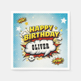 Comic Style Superhero Boy's Name Birthday Party  スタンダードカクテルナプキン